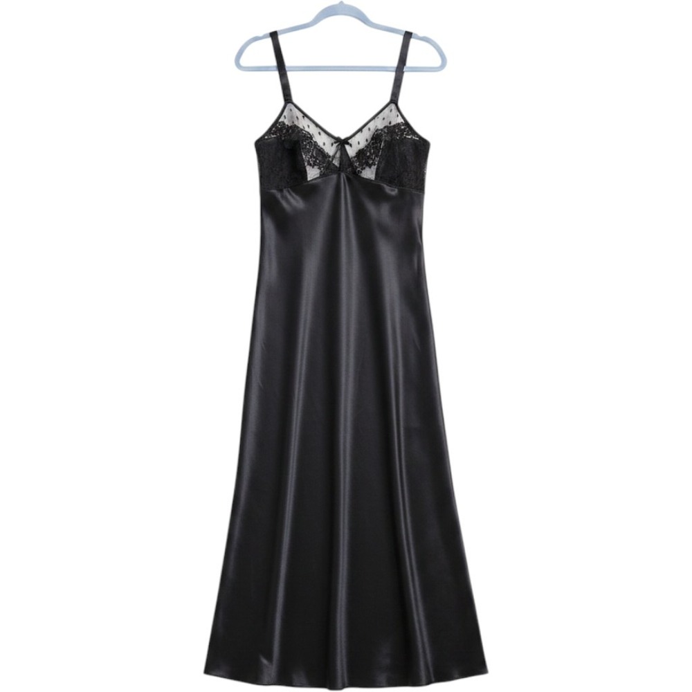 Flora‎ by Flora Nikrooz Black Satin Lace Swiss Dot Mesh Long Nightgown 2X